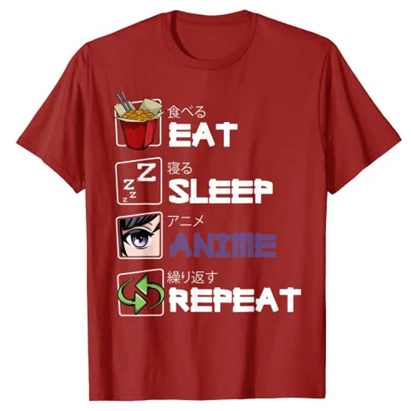 Eat Sleep Anime Repeat Kawaii Otaku Manga Japan Fan Kanji T-Shirt Life Style Aesthetic Clothes Sayings Quote Graphic Tee Tops