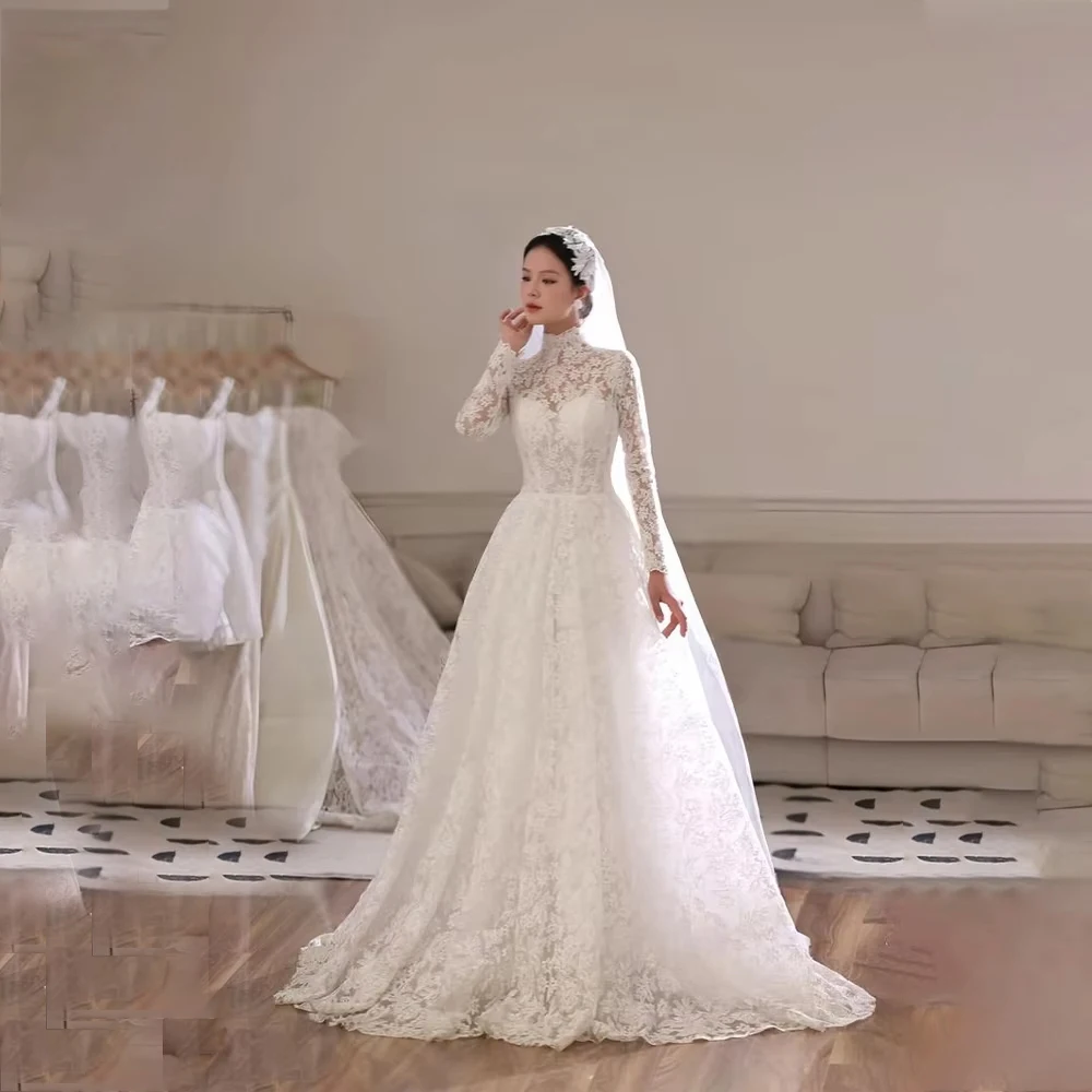 

Luxury Wedding Dresses High Neck Long Sleeve Muslim Bides Dress A-Line Sweep Train Lace Bridal Gowns Customize robe de mariée