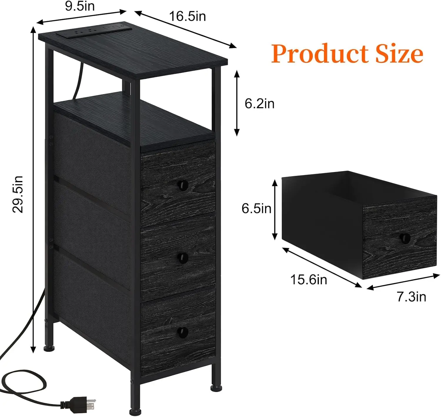 Narrow-sided table with charging station, small bedside table with 3 fabric drawers, slender bedside table, black.