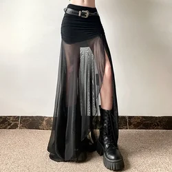 Mall Goth High Waist Mesh Patchwork Mid Skirts Sexy Hem Split Ruched Bodycon Skirt E-girl Y2K Streetwear Alt Bottoms