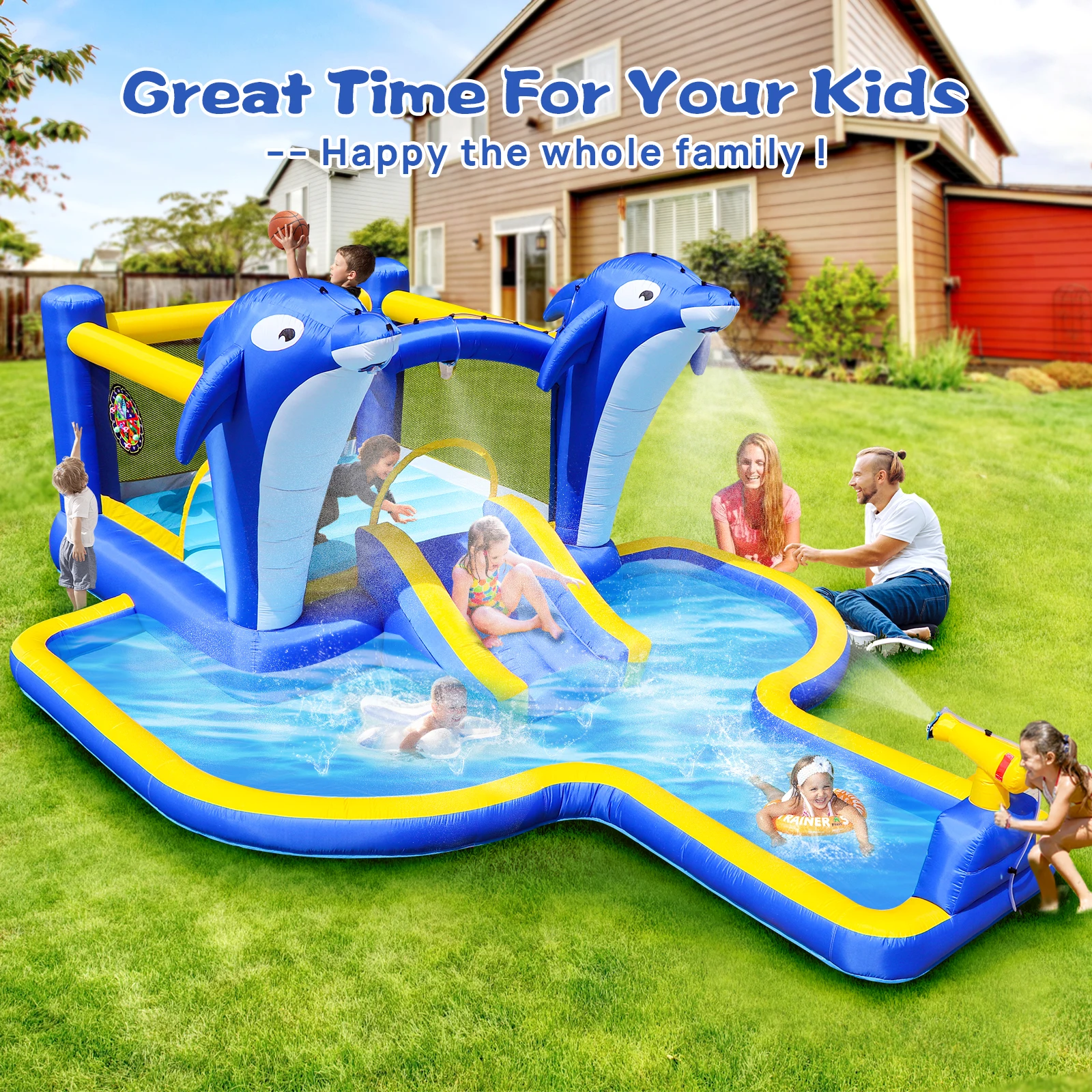 

Inflatable Bounce House Wet Dry Water Slide Kids Jumping Castle For Outdoor Backyard with Dolphin sprinkler & Target games