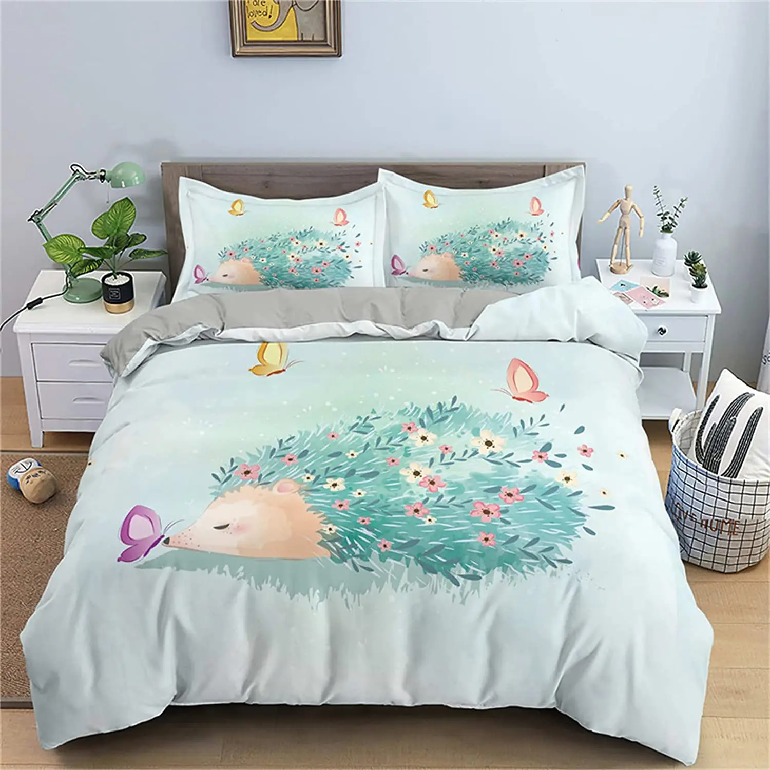 

Cartoon Hedgehog Bedding Set Cute Hedgehog Duvet Cover Flower Pattern Polyester Comforter Cover Wildlife Quilt Cover With Zipper