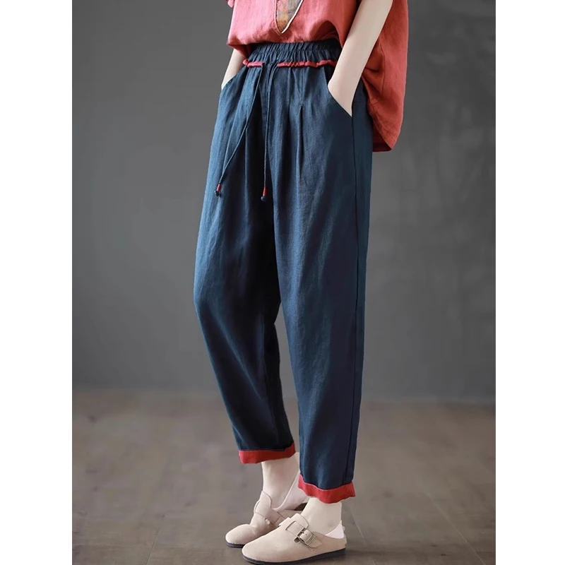 Women Vintage Contrast Color Cotton Linen Harem Pants Y2K 2024 Summer Female High Waist Loose Pockets Trousers Casual Pantalones