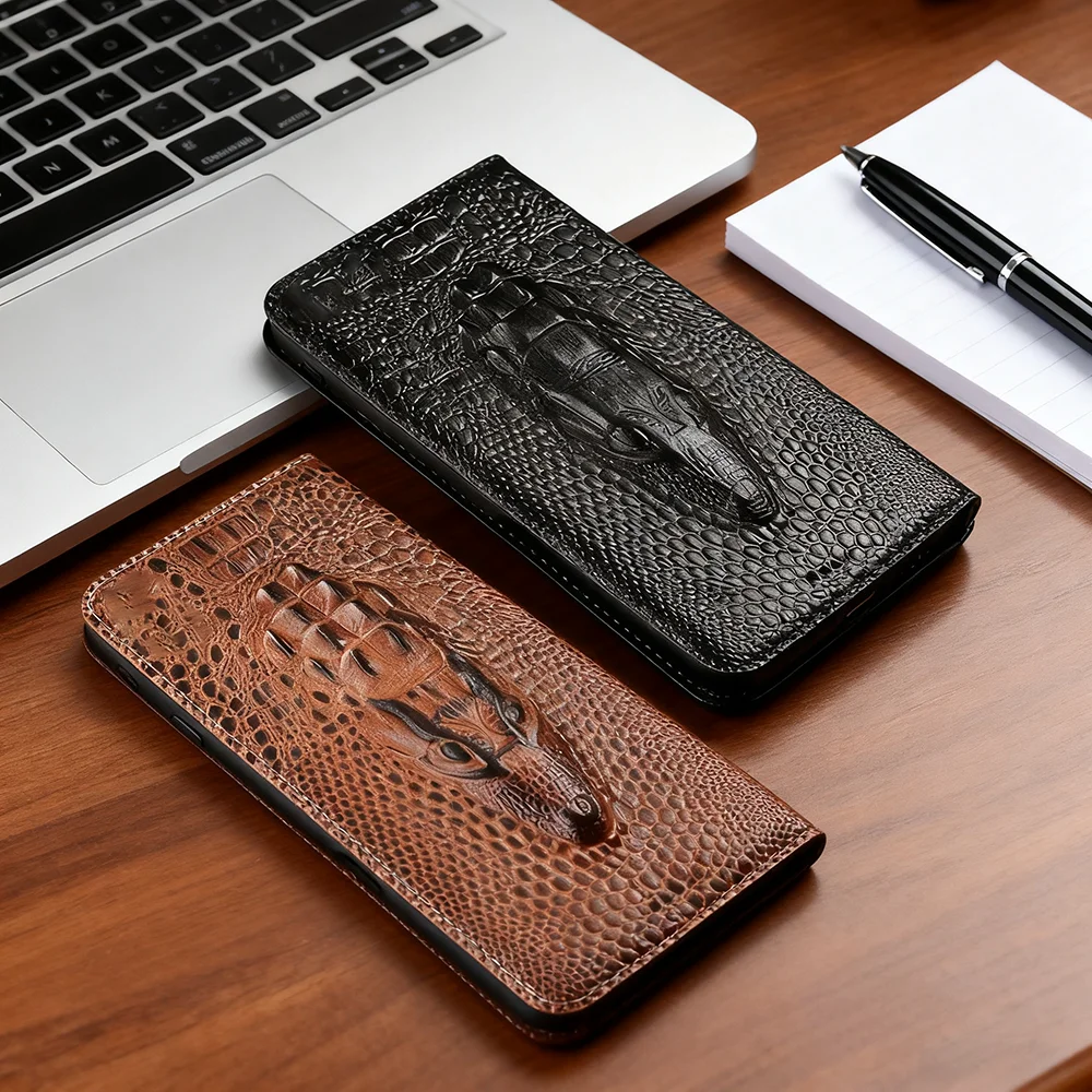 

Чехол-книжка из натуральной кожи с головой крокодила для Xiaomi Poco F7 F6 F5 F4 F3 F2 F1 GT Pro, ультрамагнитный чехол для телефона