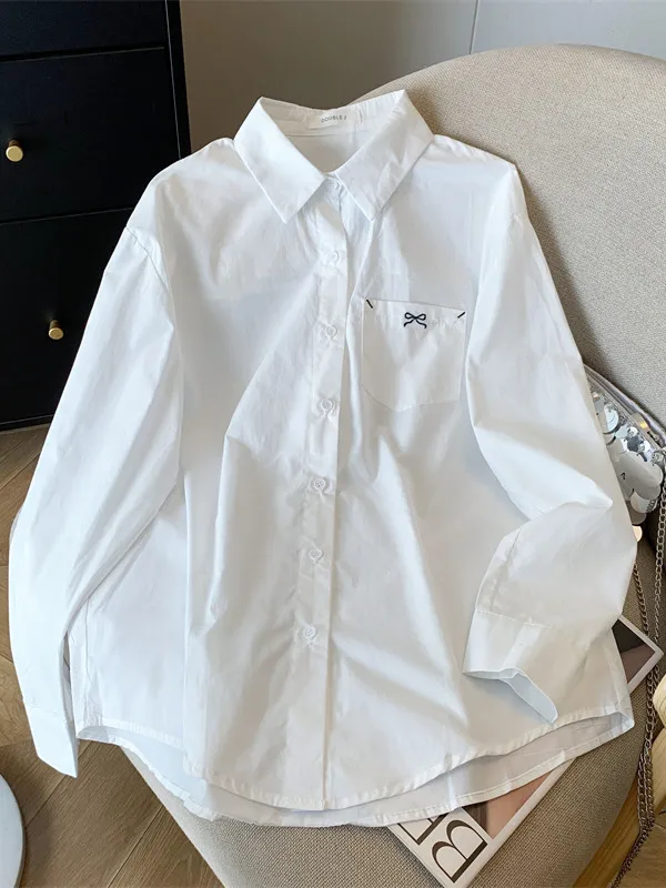 

Spring 2026 Women's Collar irt Embroidered Faion Artistic Versatile Large Size Casual Loose Fit Long Sve