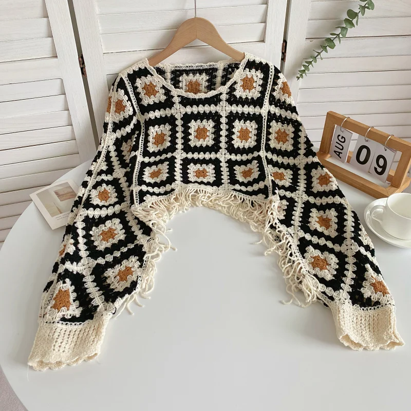 Granny Square Top Fringed Crochet Knitted Top Batwing Sleeve Pullover Sweater Women Teenage Girl Vintage Boho Festival Outfit