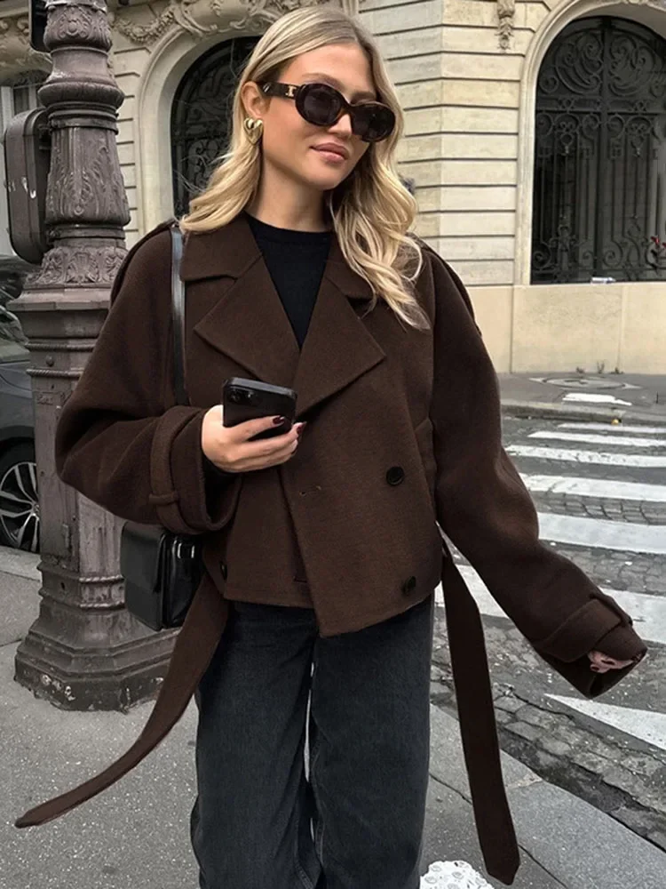 TARUXY Fashion Double Breasted Wool Coat Office Lady Lapel Brown Retro Short Jackets Loose Solid 2024 Fall Winter Female Outwear