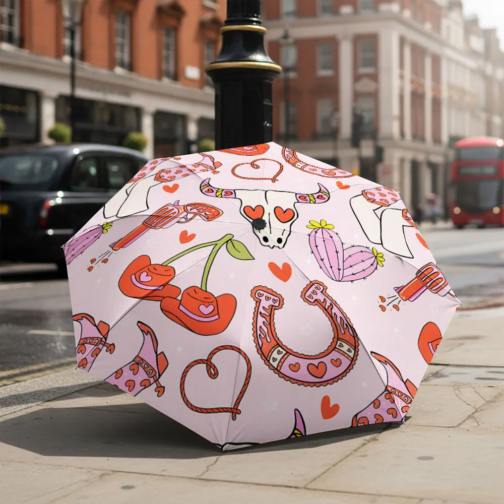1P C Playful Patterned Umbrella in Front of Historic Building Print 8 Iron Ribs Folding Umbrella Auto-Open Fashion Sunshade