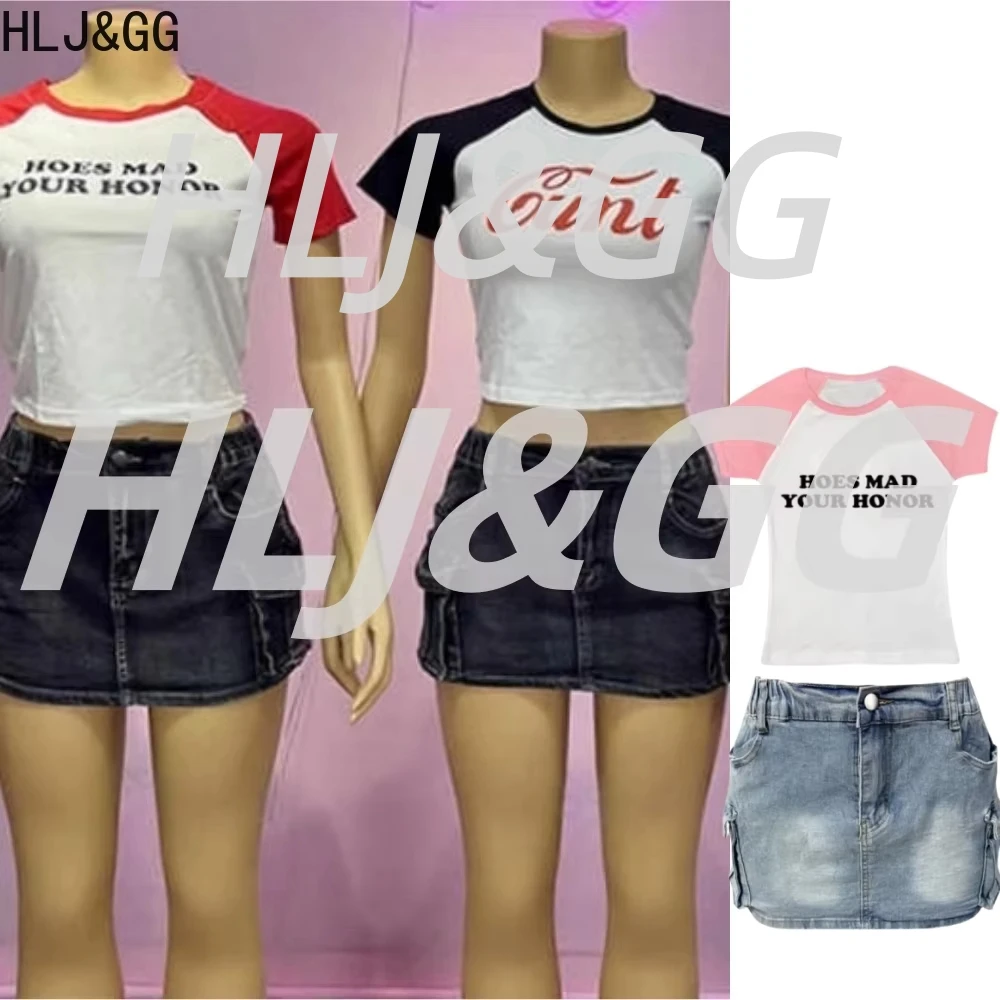 HLJ&GG Tendenza estiva Stampa di lettere Set da due pezzi Donna Girocollo Manica corta Slim Crop Top e gonne di jeans Abiti Streetwear