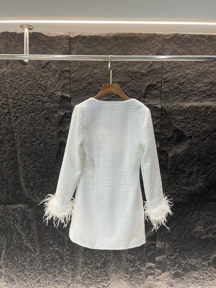 Women White Dress Tassel Feather Long Sleeve Single Breasted Square Collar Elegant Autumn 2024 Mini Robe