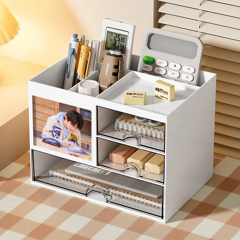 Office Desktop Stationery Storage Box with Notes Photo Cards Display Area Stackable Cosmetics Sundries Storage Drawer Organizer