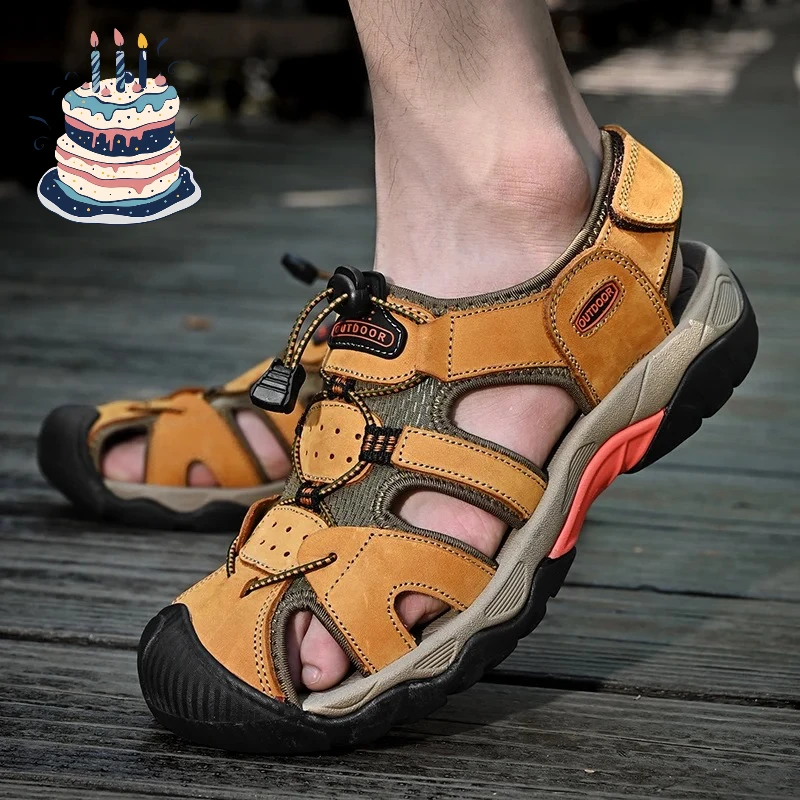 

Summer Men's Sandals Classic Genuine Leather Sandals Fashion Outdoor Hiking Shoes Light Breathable Non-slip Sneakers 38-48
