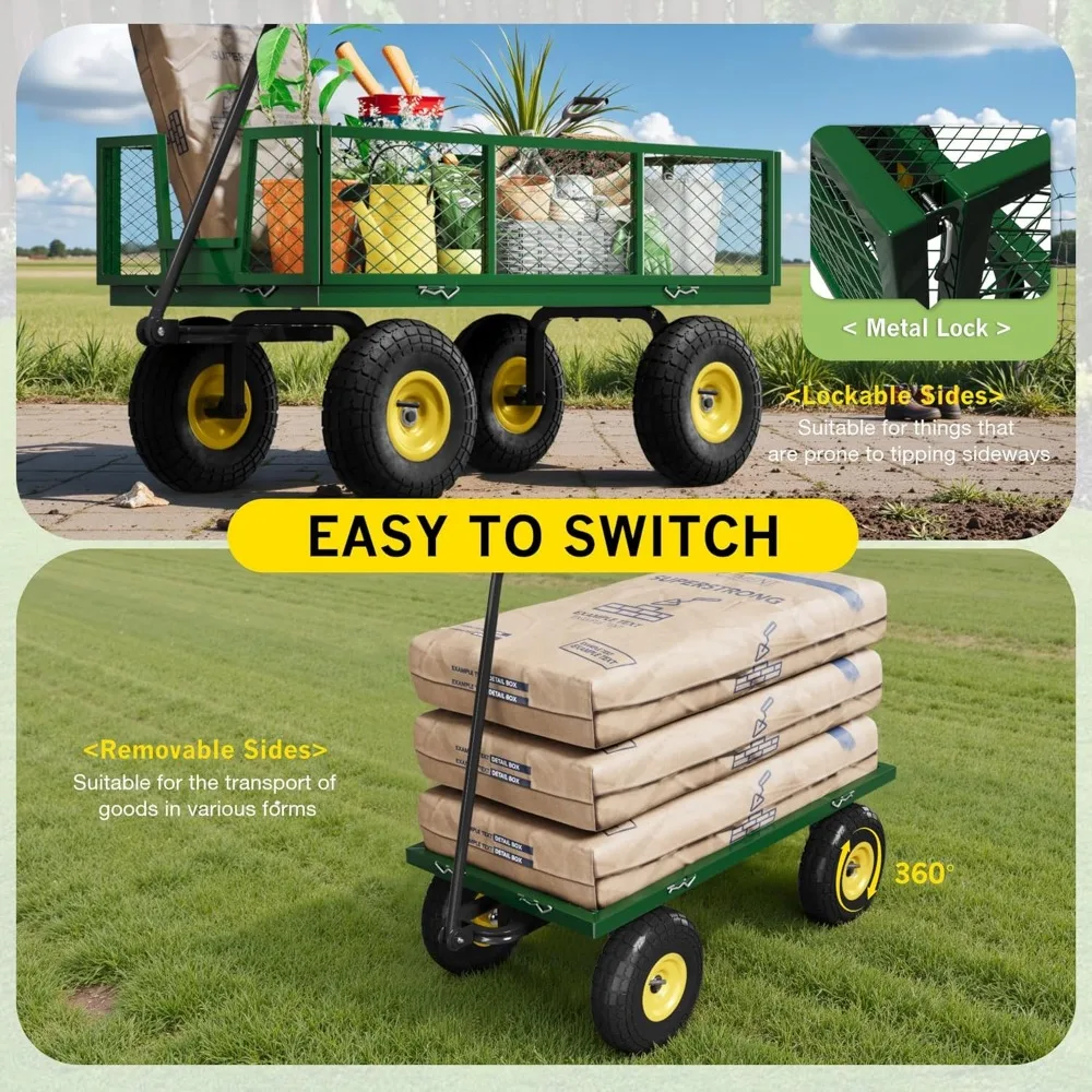 900ポンドスチールガーデンカート、頑丈なユーティリティワゴンカート、取り外し可能なメッシュサイド、10インチタイヤ、スイングアウトハンドル付き