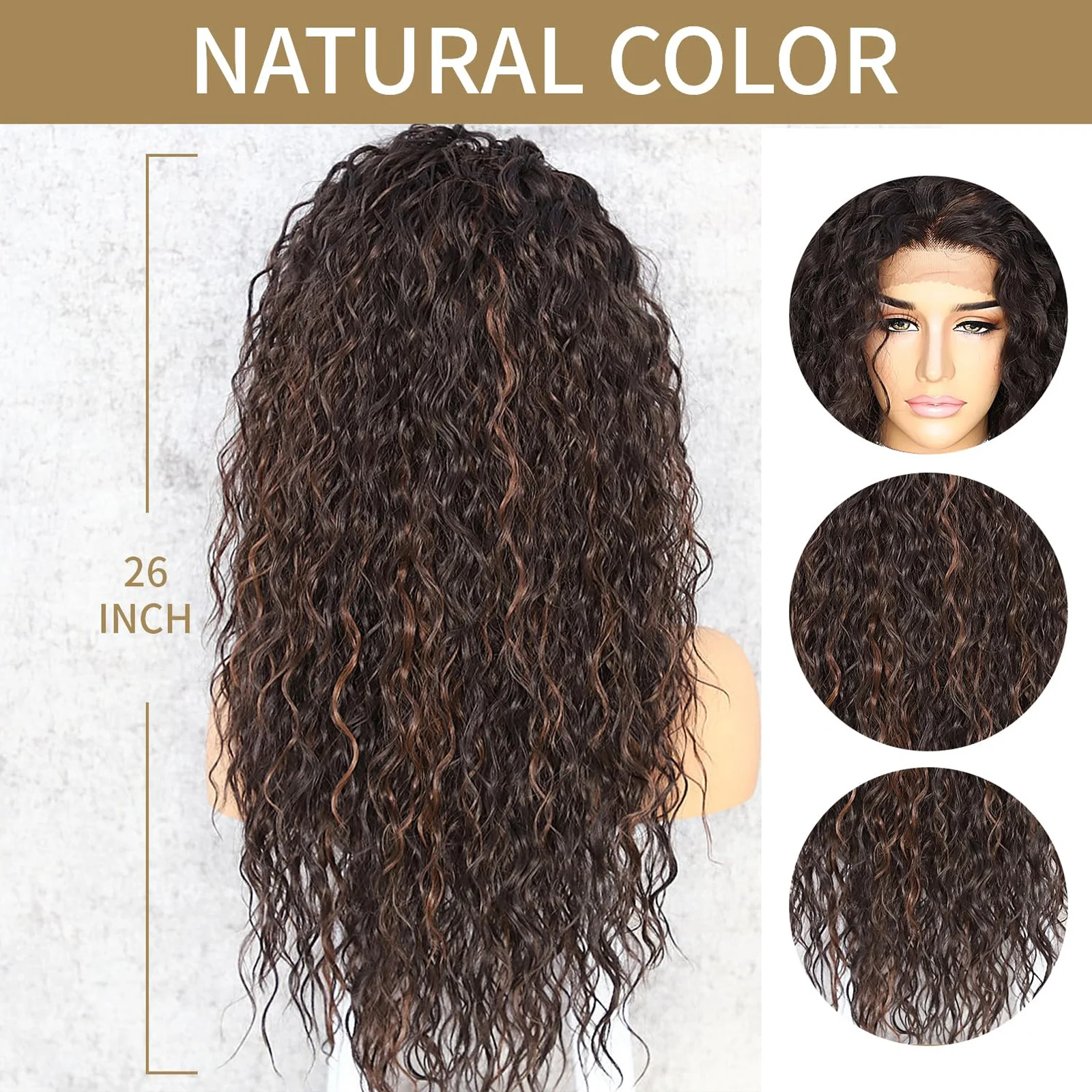 Wig renda depan 13x3 highlight cokelat keriting ikal untuk wanita warna hitam Wig sintetis panjang longgar keriting rambut renda Frontal penggunaan sehari-hari