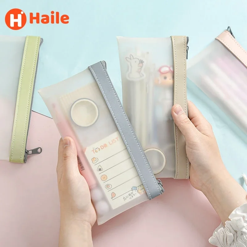 High Appearance Simple Frosted Transparent Pencil Case Haze Blue Pink Korean Boy Girl School Pencil Box Kawaii Organizer