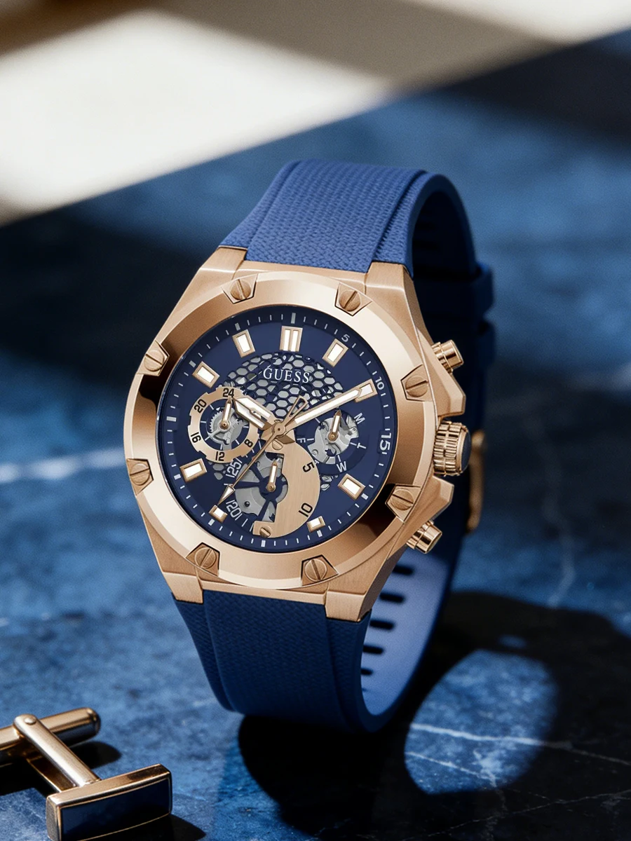 Reloj GUESS GW0334G3 para Hombre, Multifunción, Cuarzo, Esfera Azul, Oro Rosa, Deportivo, Resistente al Agua, Correa de Silicona, Reloj de Pulsera