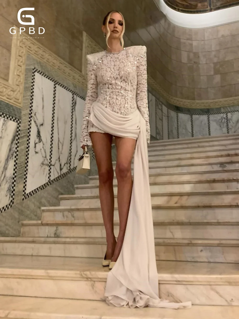 عالية الجودة المرأة الدانتيل الترتر انفصال الشريط تصميم سليم فستان قصير بأكمام طويلة أنيقة المشاهير المدرج رداء حفلات