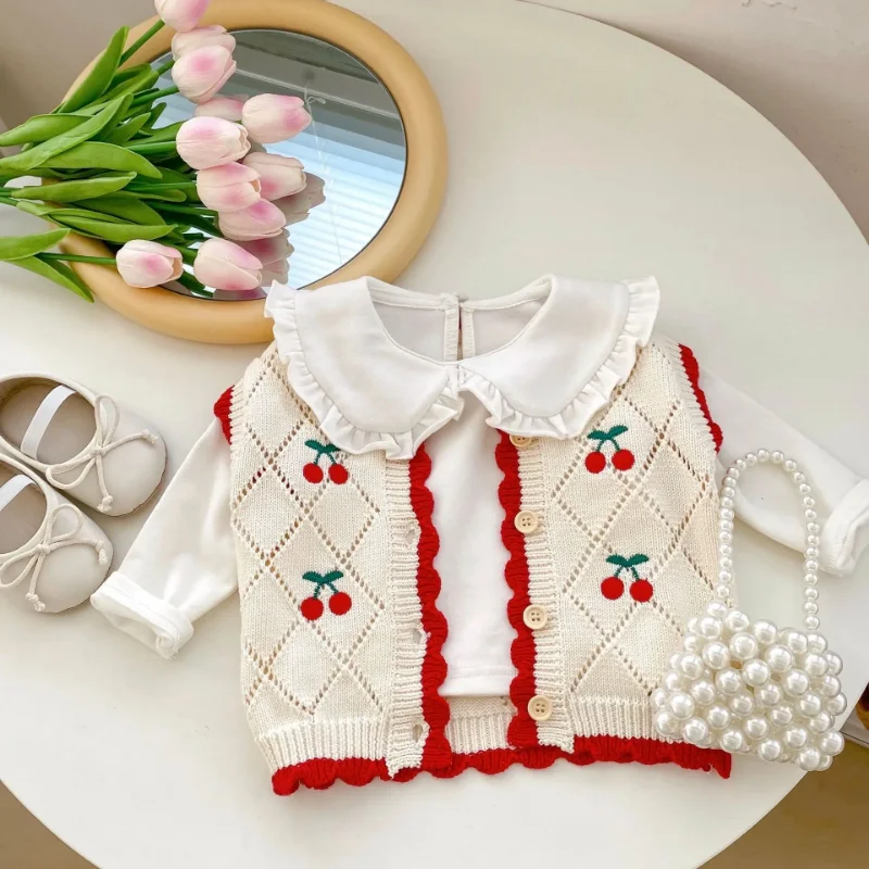 2024 Autumn Spring Long Sleeve Cardigan Knit Coat Cute Cherry Embroidery Infant Baby Girls Sweater Vest Children Clothing 0-3Y