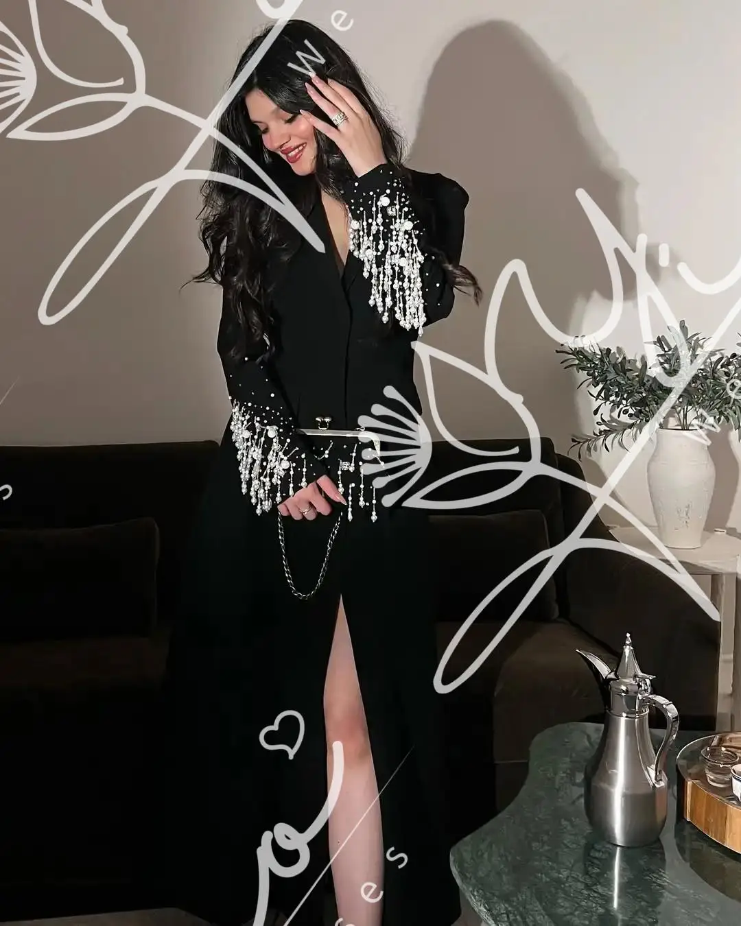 

customized Black Long Sleeves Prom Dresses V Neck Pleated Beadings Pearls Floor Length Evening Dresses Party Dresses