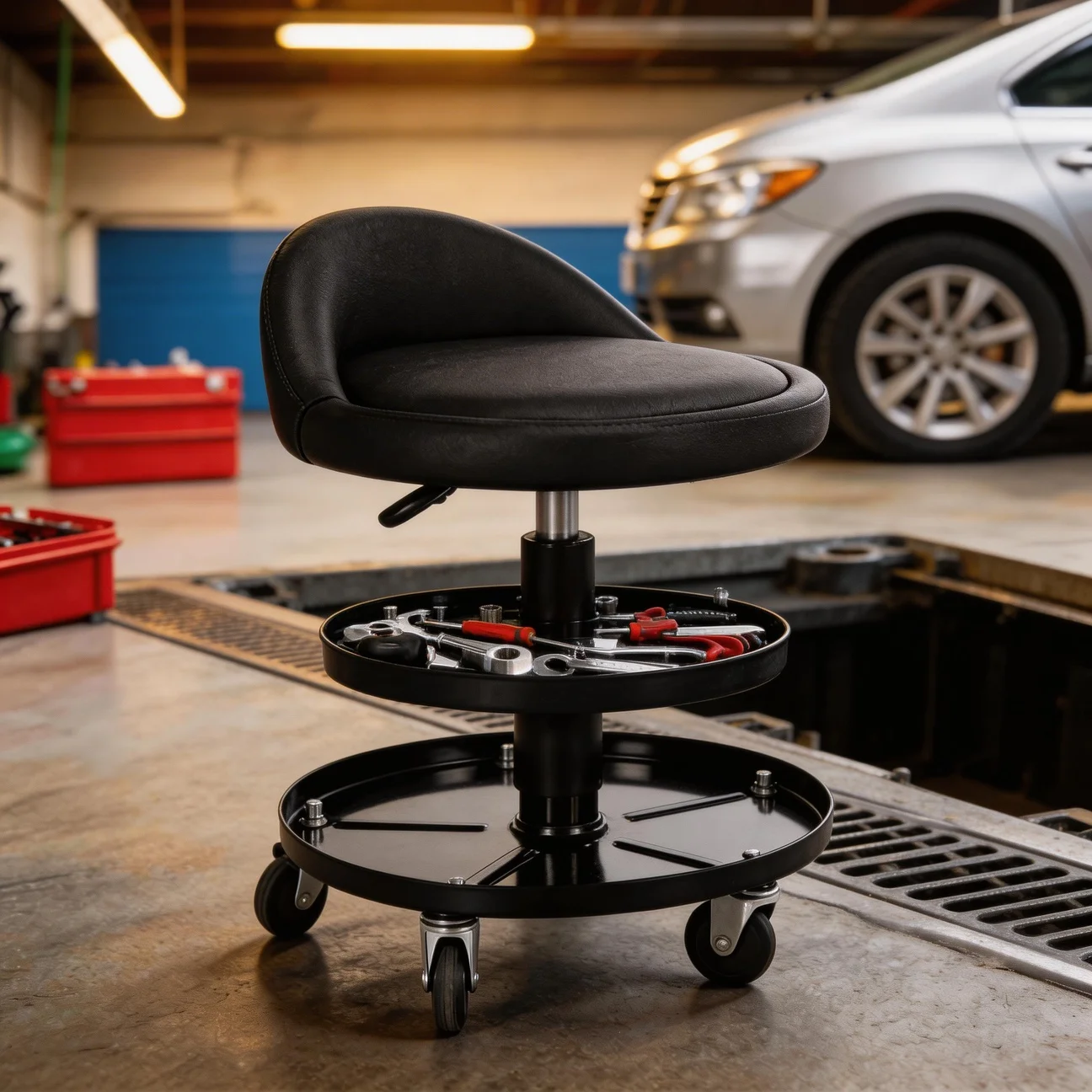 

Work Stool Adjustable with Backrest Car Repair Creeper 360 Degree Rotation Double Tool Roll Crawler Body Repair Equipment
