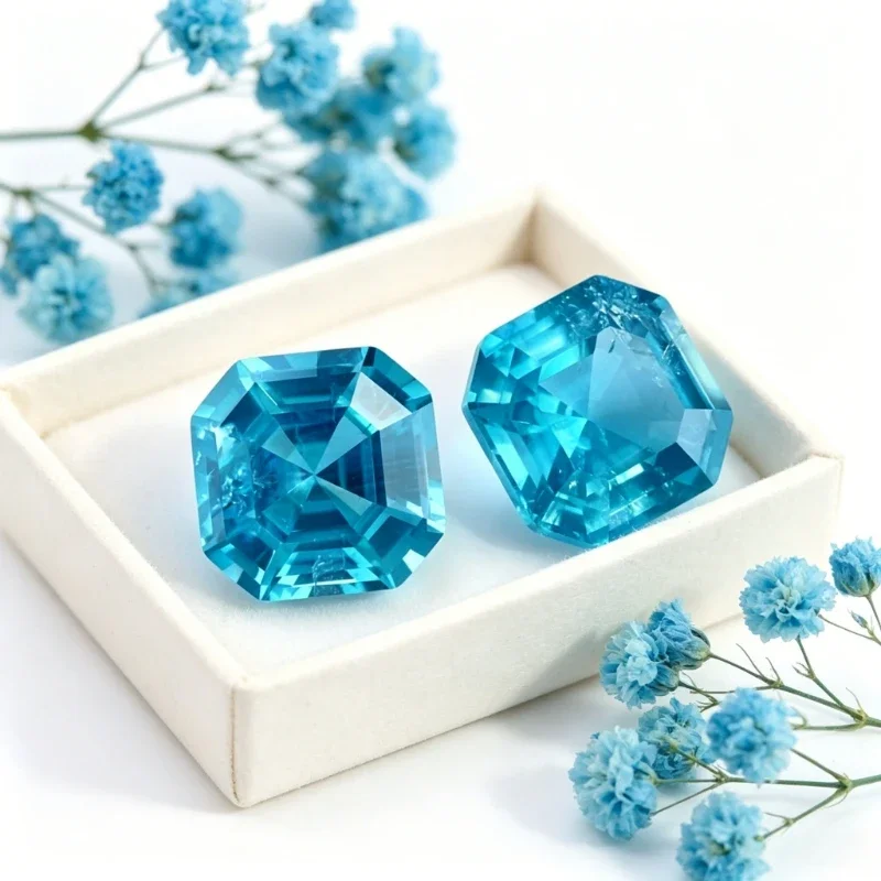 Laborgezüchteter Saphir in Asscher-Schliff mit Aquamarin-Farbe und Zertifikat – Detail 5