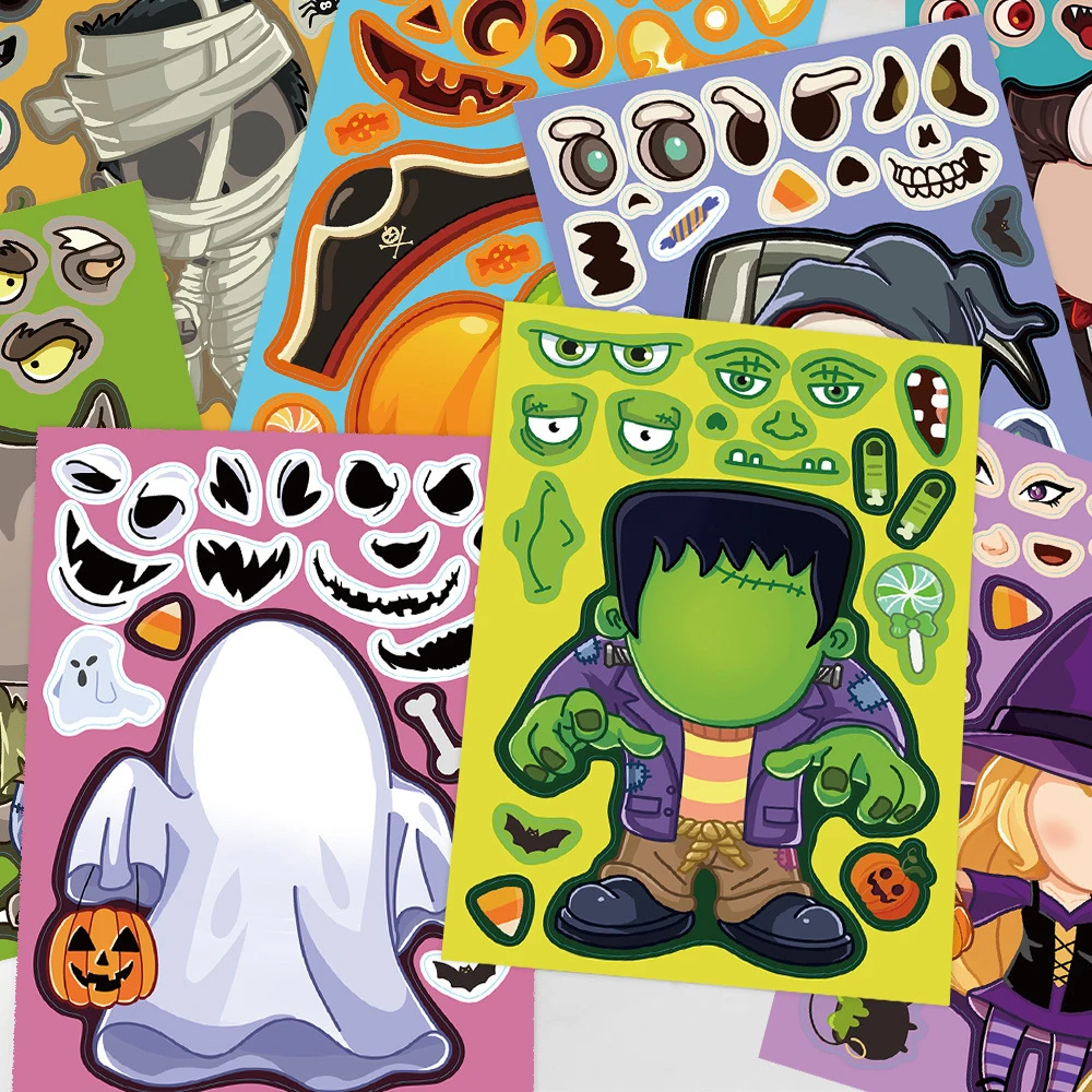 

8/16sheets Funny Cute Halloween Puzzle Stickers Cartoon Zombie Ghost Make a Face DIY Assemble Jigsaw Decals Kid Party Decoration