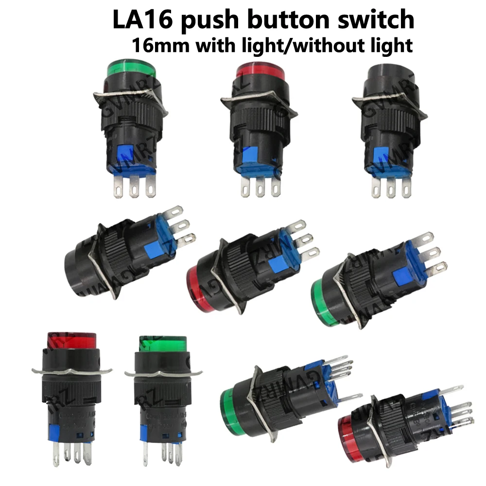 2PCS 3P 5P with self reset and self-locking circular LA16 push button switch starting power supply 16mm with light/without light