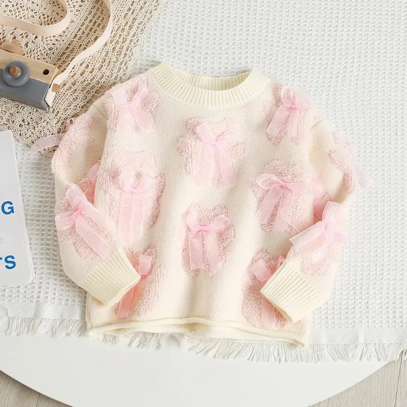 

HoneyCherry, новый осенний вязаный свитер для девочек, детский свитер с милым медведем и бантом, корейская свободная детская верхняя одежда, топы