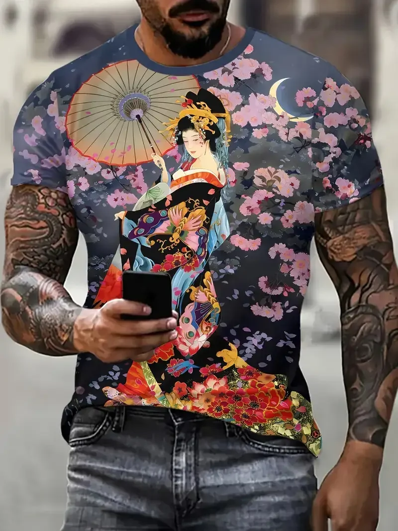 

Japanese Geisha Cherry Blossoms Print Men's T shirt 3D Summer Casual Man/Women Short sleeve Crew Neck T-shirt Tops Oversized Tee