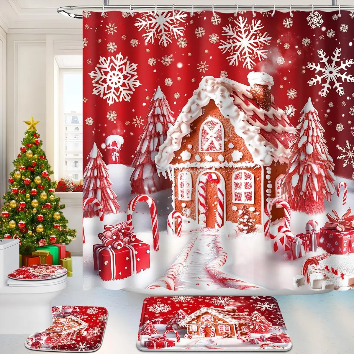 

4PC Xmas Bathroom Decor Sets,Merry Christmas Shower Curtain Sets (Bath Mat,U Shape,Toilet Lid Cover) and Hooks,Xmas Gingerbread