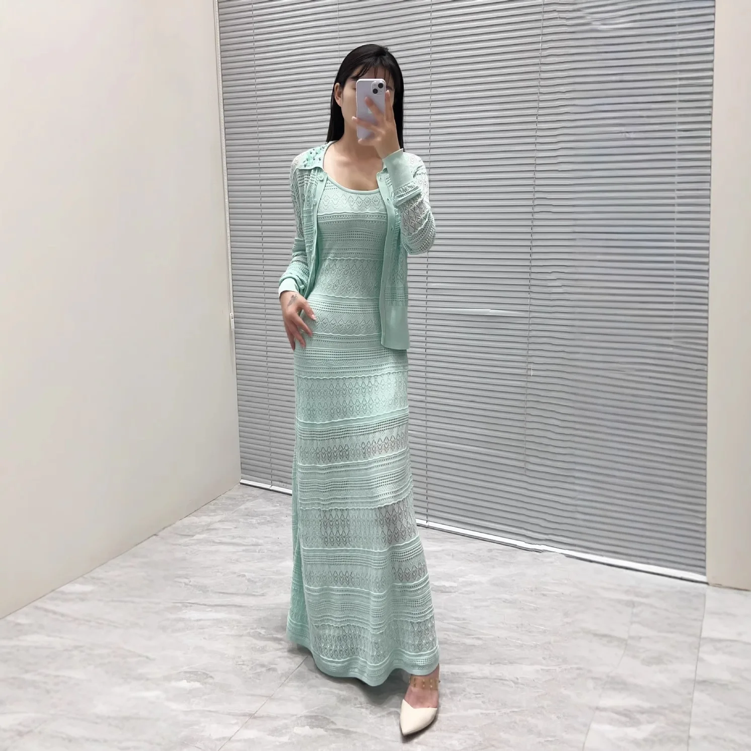 

Вязаный открытый кардиган с украшением из бисера, ажурный жилет, длинное платье, лето 2021, новый женский модный миди Dr