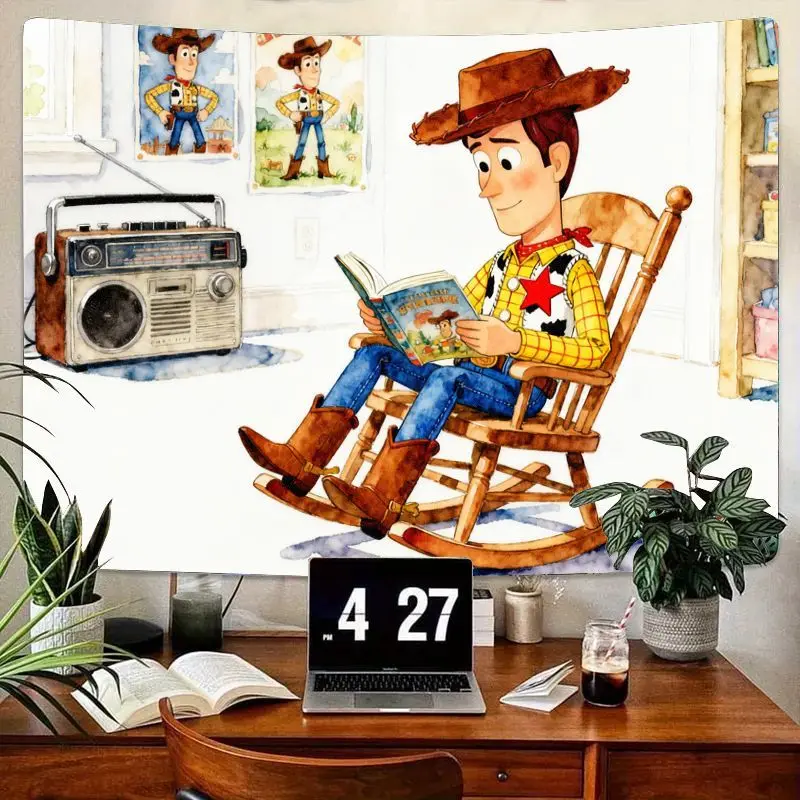 

1PC Toy Story Woody Reading Book Tapestry Cartoon Retro Watercolor Polyester Wall Art Kids Room Living Room Bedroom Decor Gift f