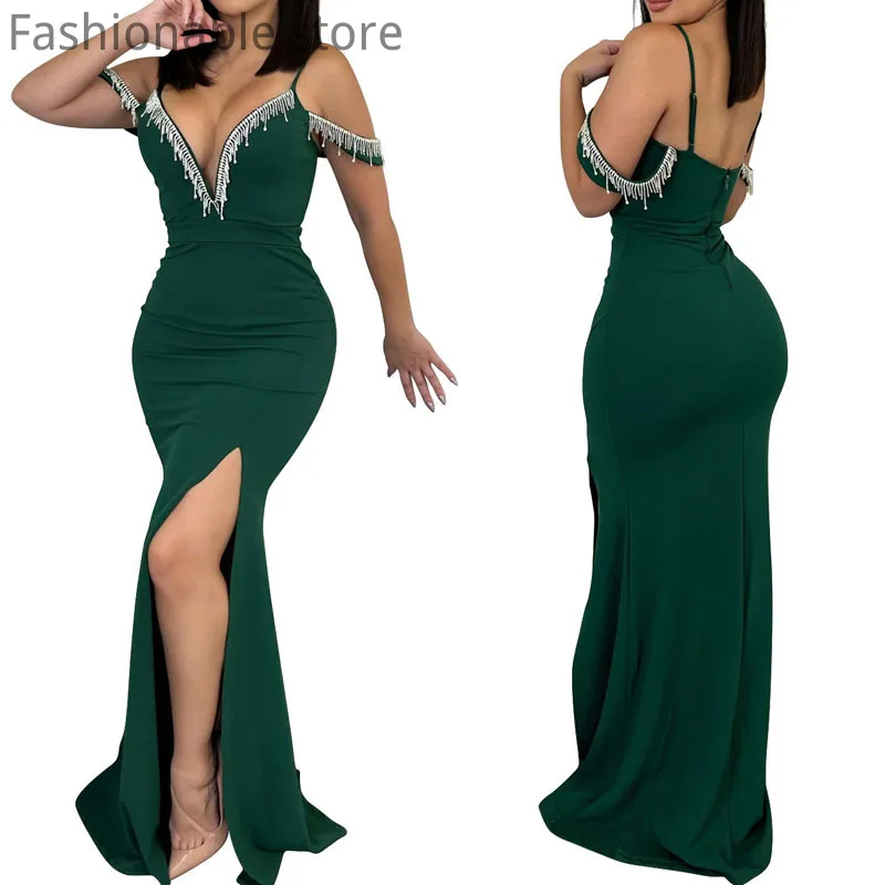 

Women Sexy Rhinestone Tassels Camisole Dress Spaghetti Strap Backless High Split Party Dresses