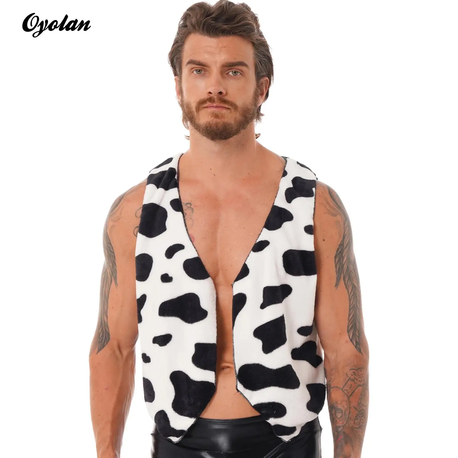 

Mens Cow Print Vest Top Flannel Hippie Costume Open Front Coat Jacket Cowboy Cardigan Halloween Festival Rave Party Dress Up