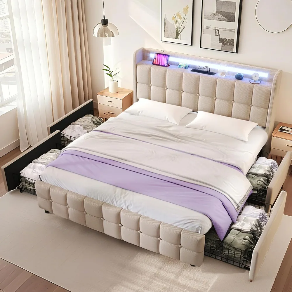 Queen Bed Frame with Headboard and LED Lights, 4-Drawer Storage, Slat Support, Charging Station, No Noise, Upholstered Fabric Pl