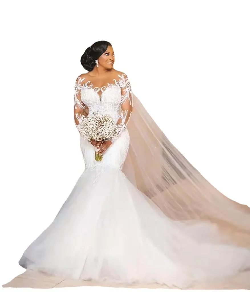 Angepasst Afrikanische Luxus Applikationen Perlen Brautkleider Plus Größe Schwarz Vestido De Noiva Langarm Meerjungfrau Hochzeit Kleid