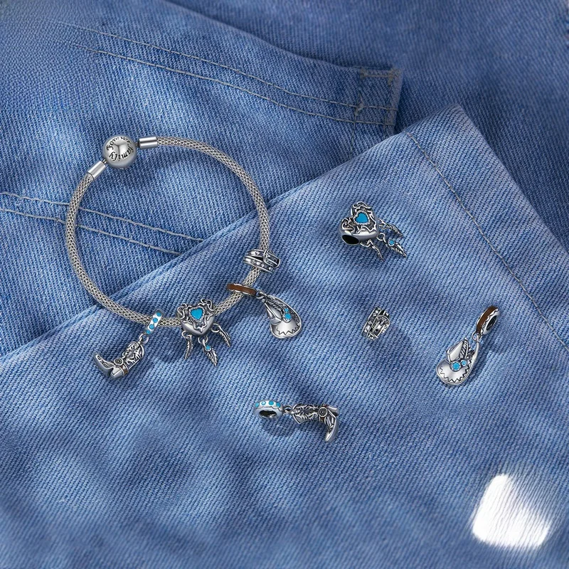 Retro Western Cowboy Lederstiefel Hut DIY Anhänger Türkis Drcher S925 Silber Armband Zubehör Faion Schmuck