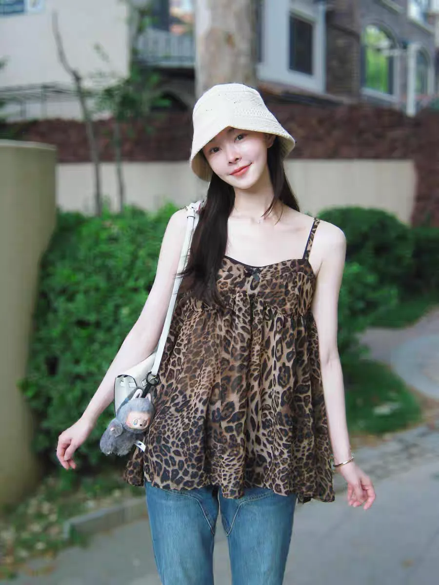 

Retro Leopard Print ter Vest Women's Summer Design Slimming Waistcoat Commute Sle Loose Fit Polyester Fiber Thin Model