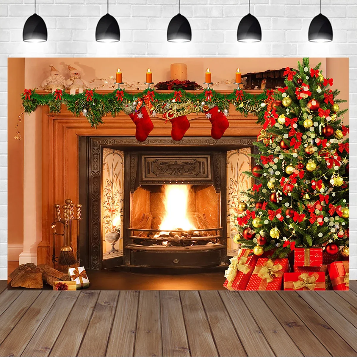 

Mocsicka Fireplace Photography for Christmas Background Retro Wall Xmas Tree Stocking Gift Photo Baby Portrait Family Photoshoot