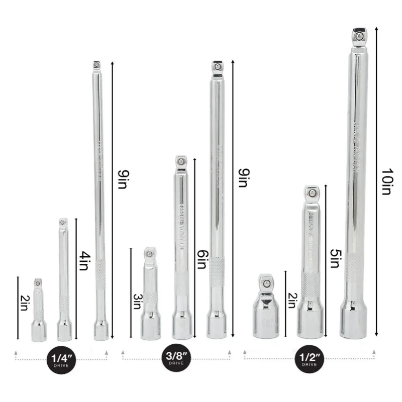 9 Piece Wobble Extension Bar Set 1/4in 3/8in 1/2in Drives with Storage Tray - Auto Repair Hand Tool
