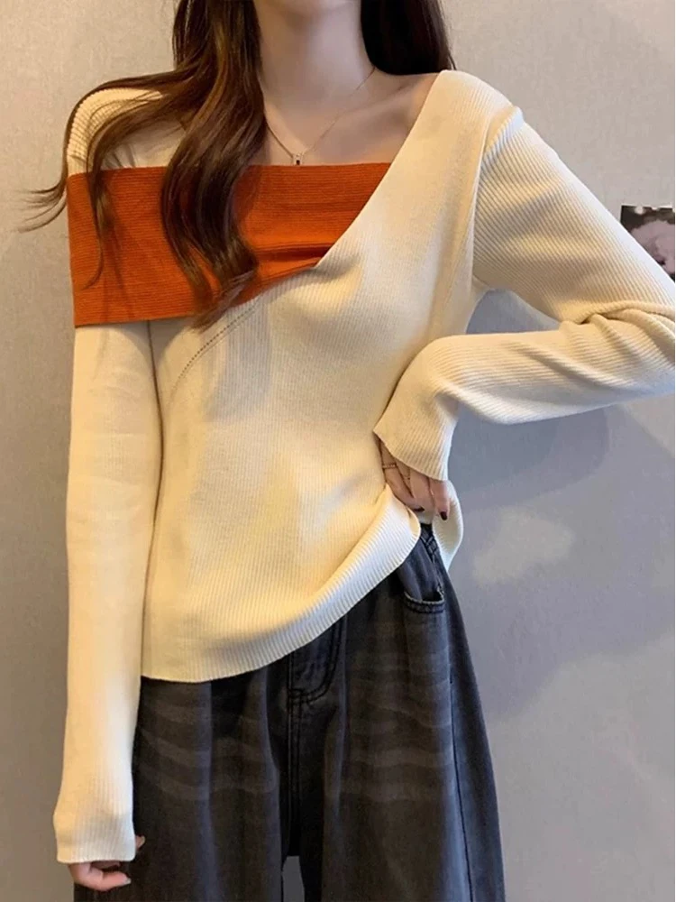 

Casual Knitted Sweater Irregular Design Square Collar Women's Faion Maturi Autumn New Sle Versatile Leisure Anti-Aging Top