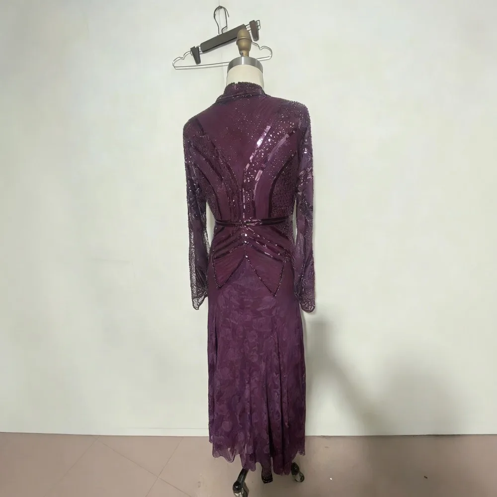 

Elegant Purple Prom Ball Sequin Bead Dress Maxi Long Sleeve Evening Gown with Lace Dress for Halloween Christmas Party Wedding