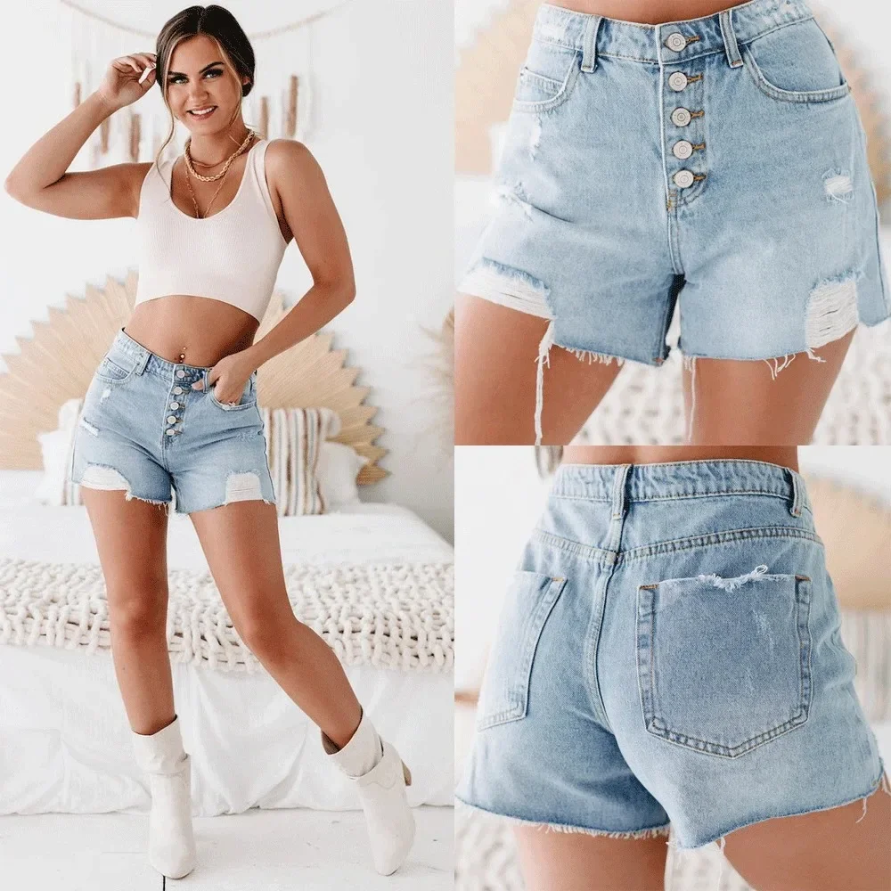 

Denim Shorts Women Sexy Ripped Mom Jeans Button Pocket Washed Distressed Mid Waist Streetwear Short Summer 2025 Hole Short Pants