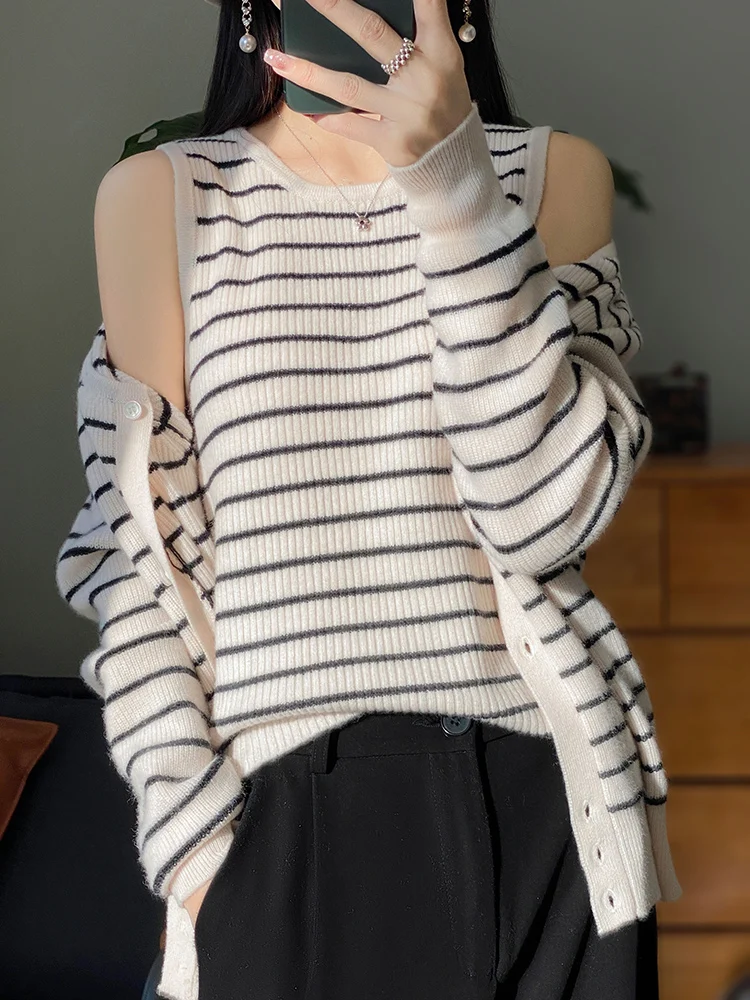 

CHICUU Women Summer Vest O-neck Striped Cardigan Suit Spring Autumn 100% Merino Wool Knitwear Casual Cashmere Sweater Korean Top