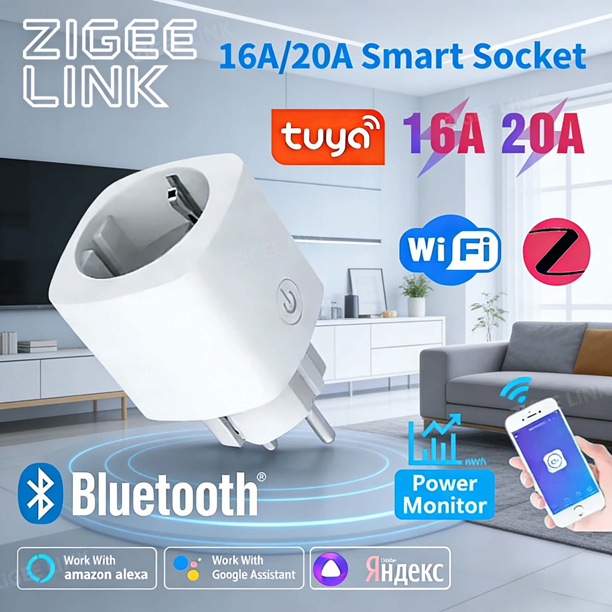 Enchufe Inteligente WiFi/Zigbee3.0, Enchufe Europeo con Monitor de Energía, Función de Temporizador, Control por Aplicación Tuya Smart Life, Compatible con Alexa y Google Assistant