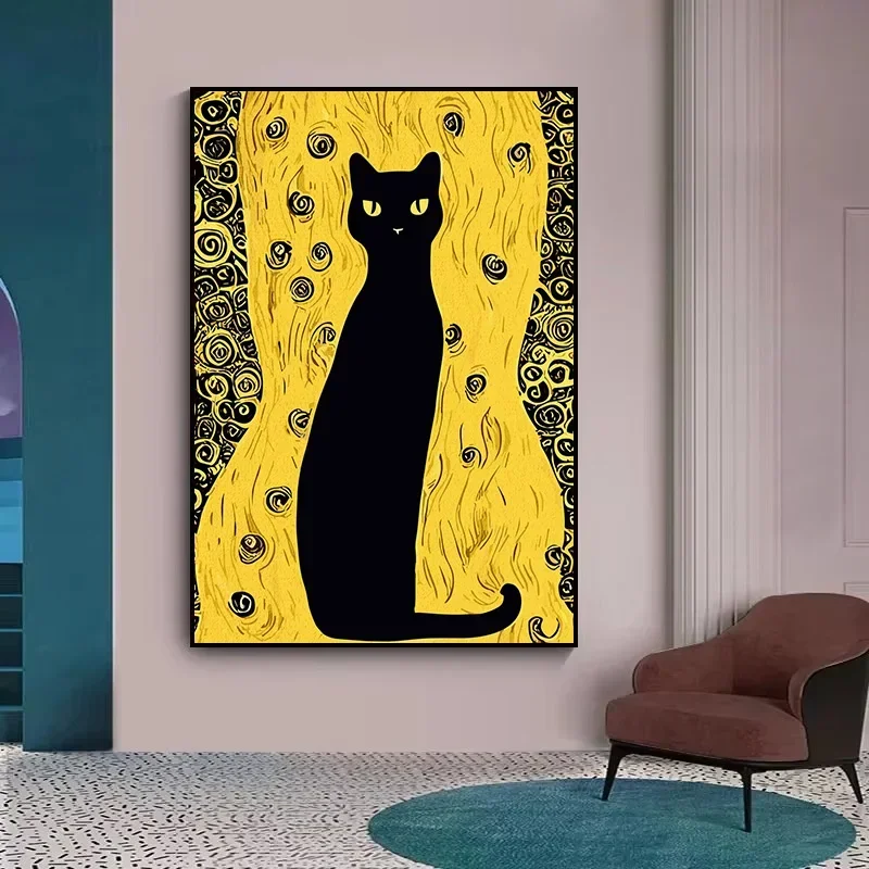

Abstract Black Cat Klimt Golden Art Canvas Painting Cats Poster Print Wall Art Pictures Living Room Home Decor Cuadros