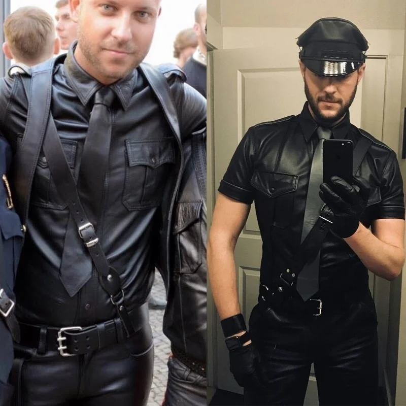 Wetlook Black Leather Shirts for Men Policeman Costumes PU Leather Male COP Uniform Sexy Tops