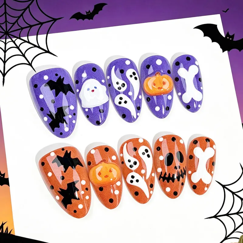 10Pcs Cartoon Pumpkin Cute Ghost Halloween Nail Stickers Gilded Manicure Decals Press on Nails Nail Art Fake Nail Reusable - view 4