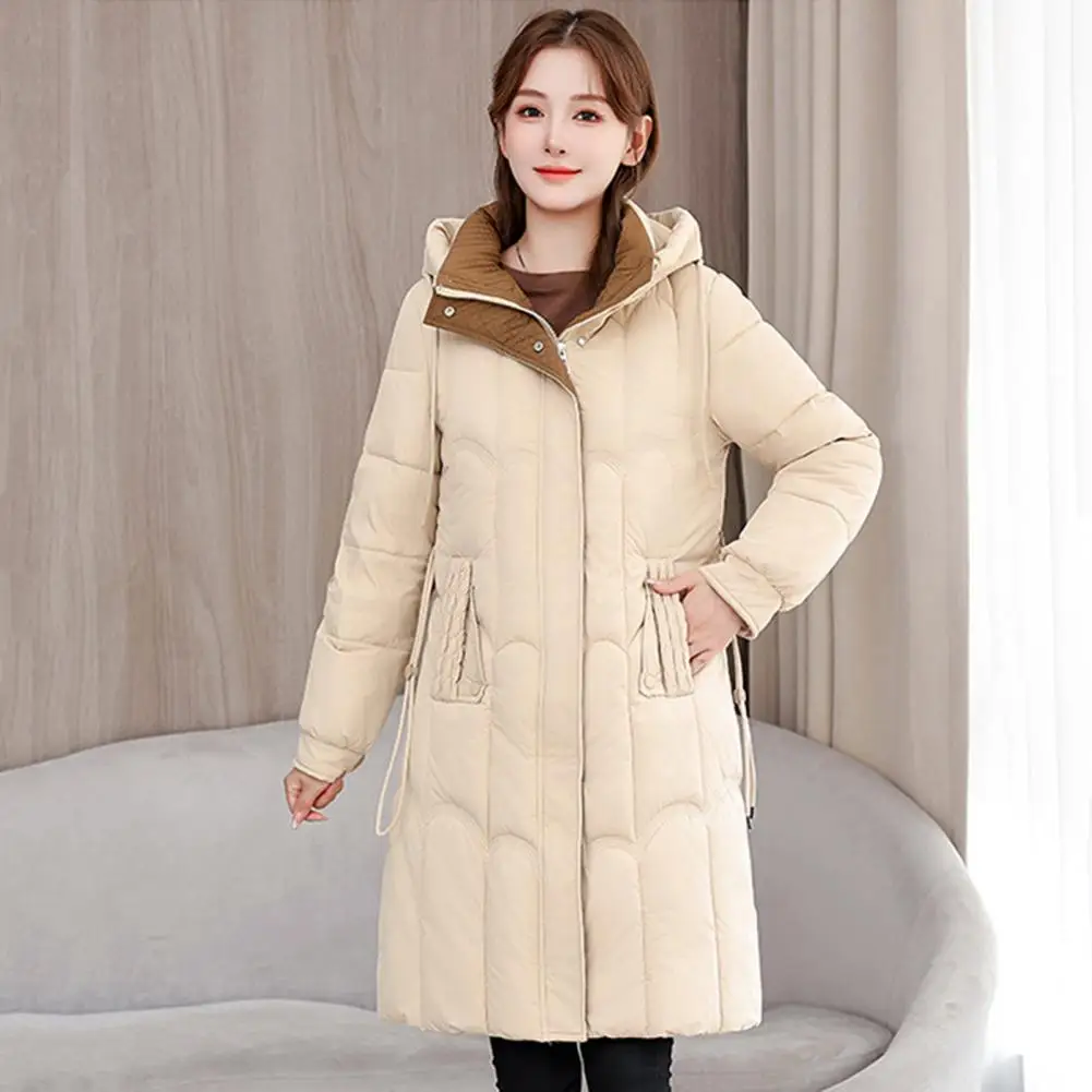 Winter Lady Down Coat Thickened Pockets Zipper Closure Hooded Cotton Jacket Windproof Knee Length Heat Retention Women Outwear