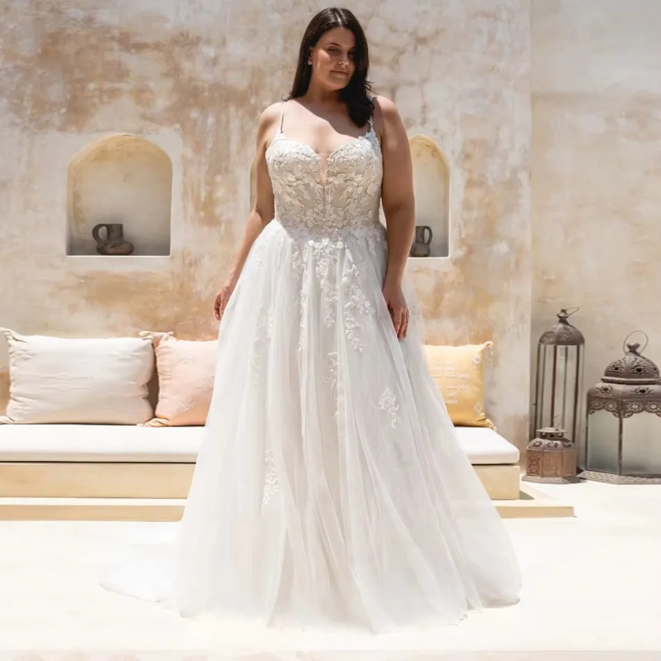 Plus Size Spaghetti Strap V Neck Illusion Lace Wedding Dress Floral Applique Bodice Tulle A Line Ball Gown Skirt with Train
